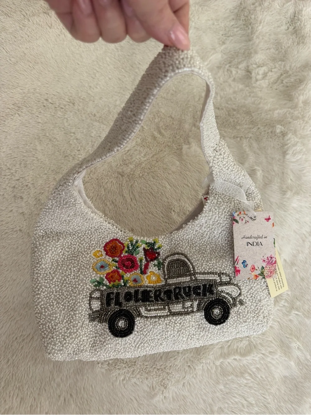 NWT White Beaded Shoulder Bag with Floral Truck Motif Viral Tik Tok